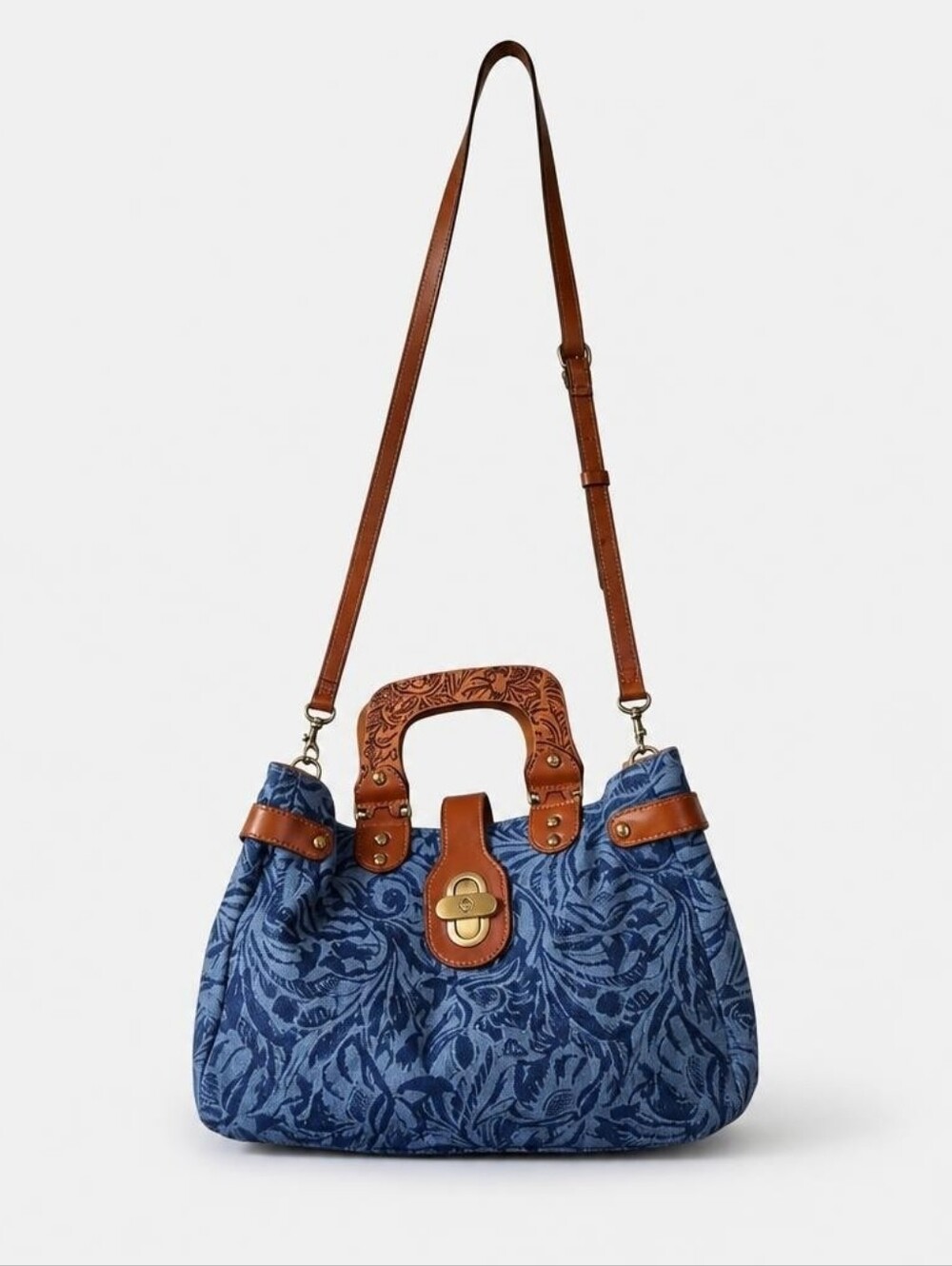 Patricia Nash Denim Floral Satchel with Brown Leather Accents And Wooden Handles